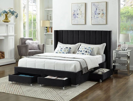 Velvet Fabric Wing Bed with Vertical Deep Tufting and Chrome Legs IF-5310