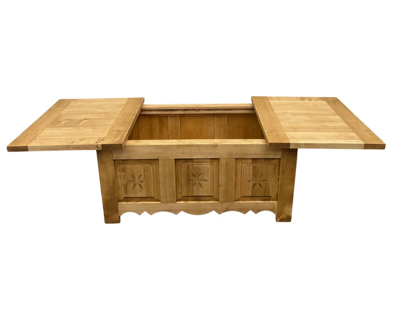 Table basse pin massif plateau coulissant sculpté Edelweiss