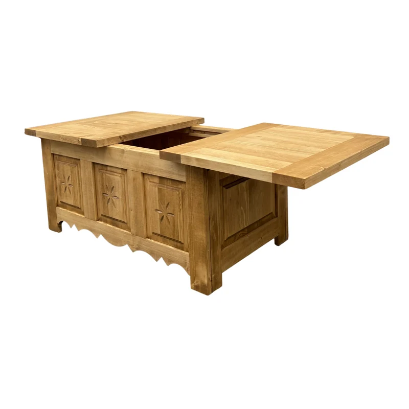 Table basse pin massif plateau coulissant sculpté Edelweiss