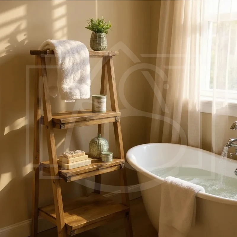 Escabeau déco en bois massif – étagère et porte-serviette avec option tiroir 🌿