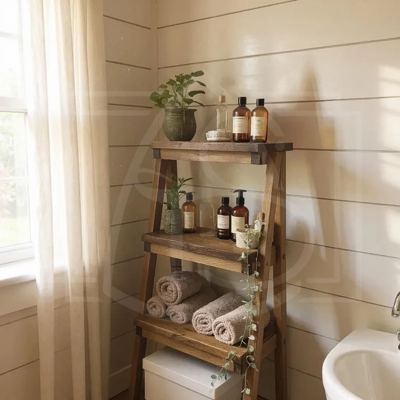 Escabeau déco en bois massif – étagère et porte-serviette avec option tiroir 🌿