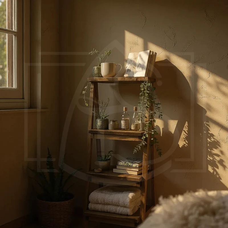 Escabeau déco en bois massif – étagère et porte-serviette avec option tiroir 🌿