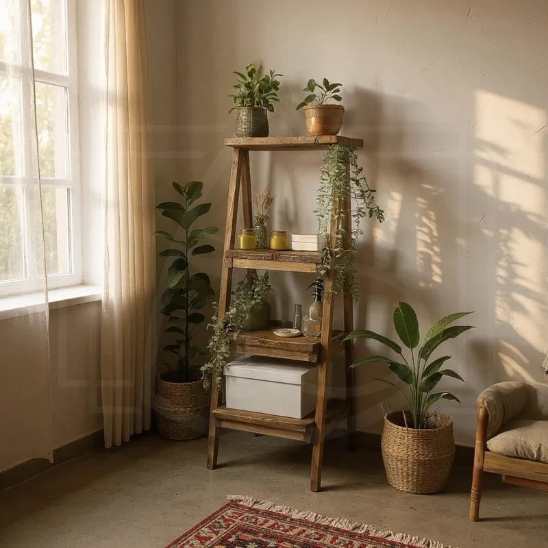 Escabeau déco en bois massif – étagère et porte-serviette avec option tiroir 🌿