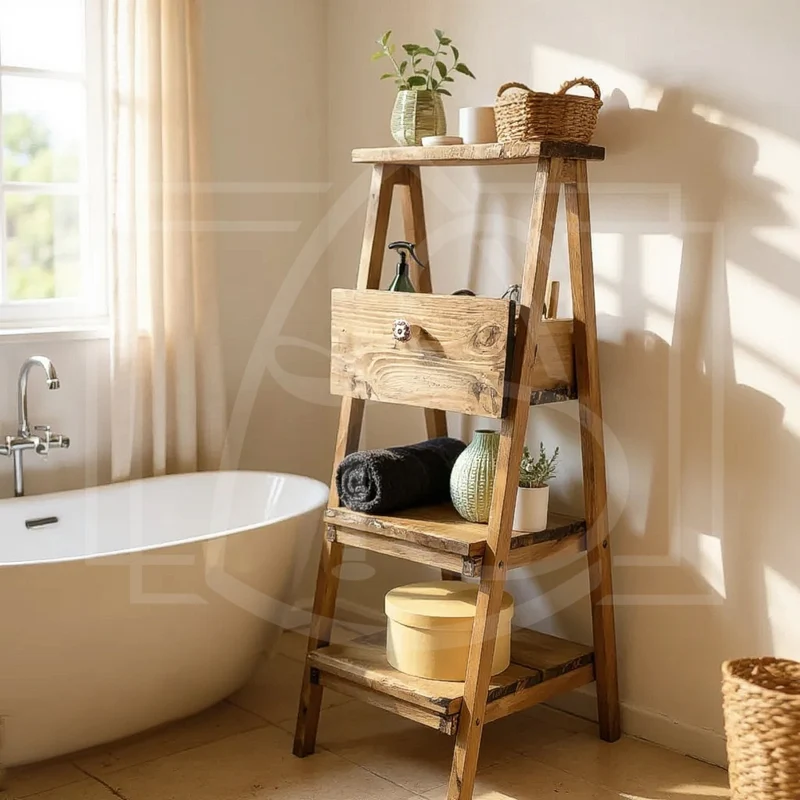 Escabeau déco en bois massif – étagère et porte-serviette avec option tiroir 🌿