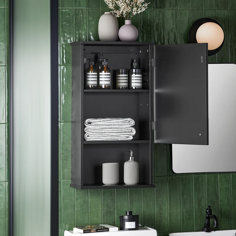 SoBuy BZR25-SCH Meuble Haut Armoire Suspendue de Toilettes Placard Mural avec Porte pour Salle de Bain Armoire à Pharmacie avec étagères, 40x21x67 cm, Noir