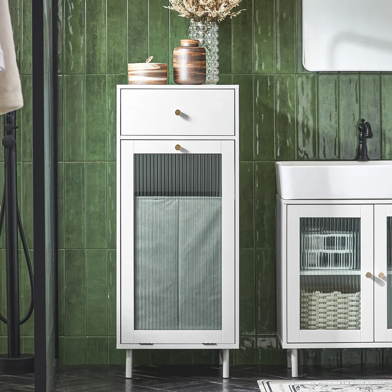 SoBuy BZR116-W Armoire à Linge avec Sac à Linge Corbeille à Linge Panier à Linge Amovible Meuble Bas de Salle de Bain