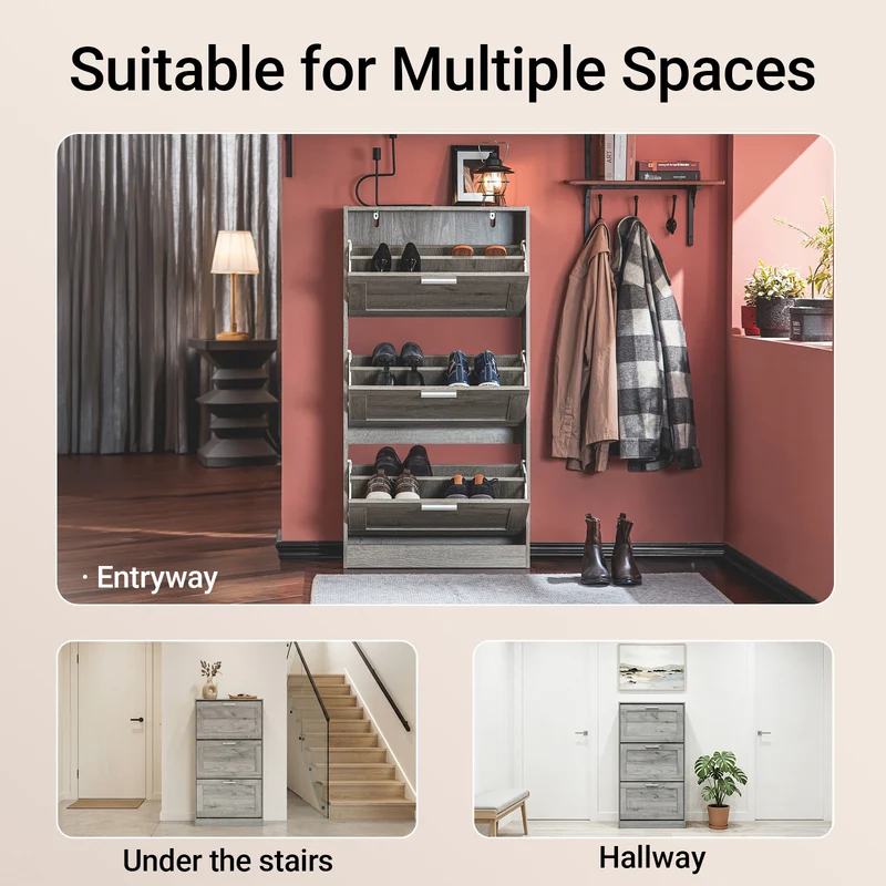 SoBuy FSR137-L-HG Meuble à Chaussures à Abattants 3 Niveaux Grande Capacité – Rangement Discret pour Entrée – Gris Effet Bois