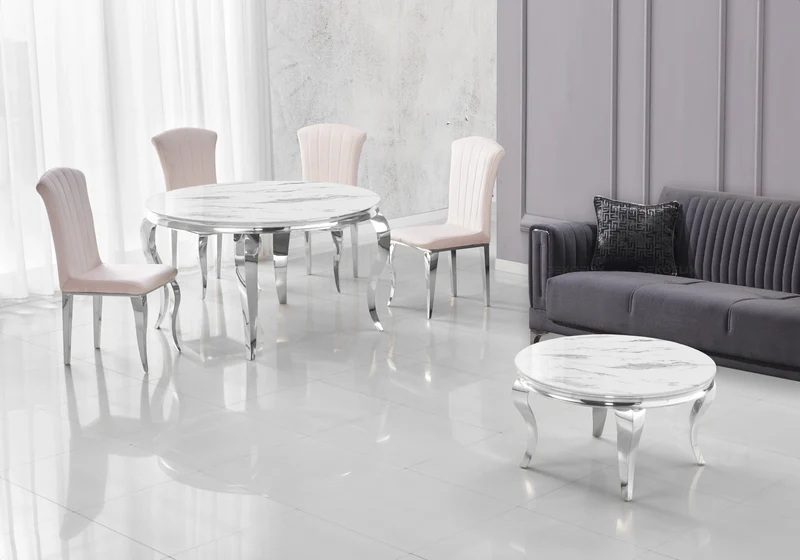 Table à manger ronde marbre blanc pieds argent - Neo