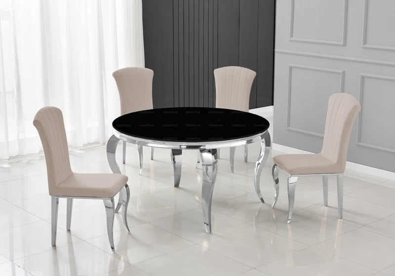 Table à manger ronde verre noir pieds argent - Neo