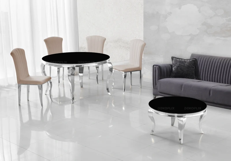 Table à manger ronde verre noir pieds argent - Neo