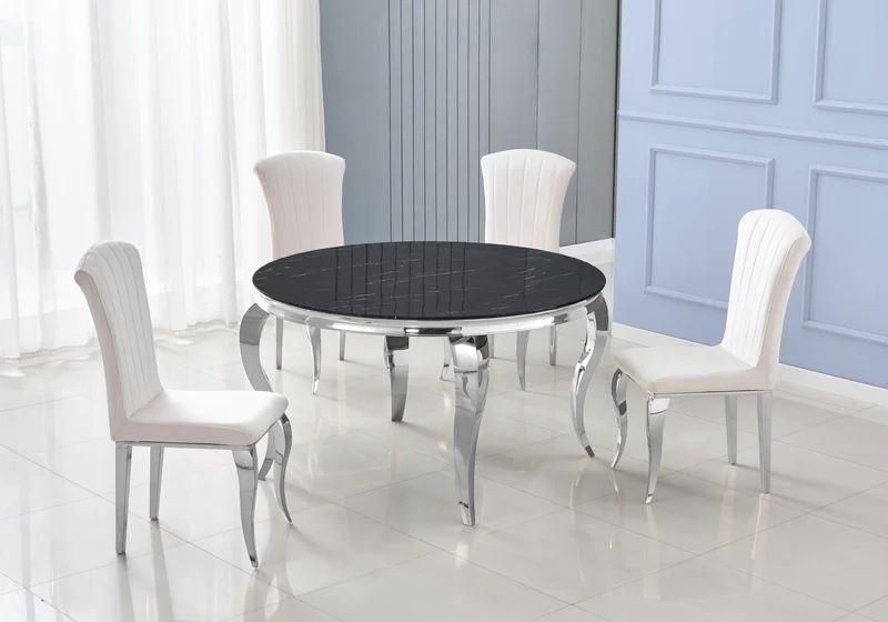Table à manger ronde marbre noir pieds argent - Neo