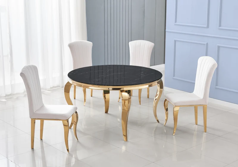 Table ronde marbre noir et 4 chaises velours or – Neo