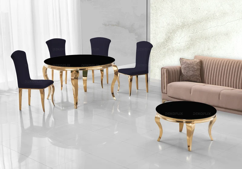 Table basse ronde verre noir et pieds or - Neo