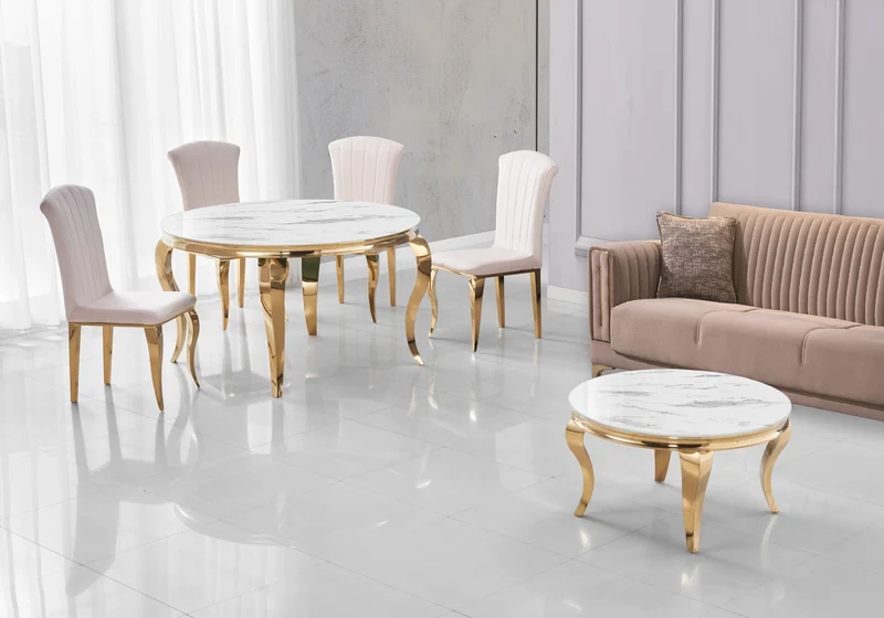 Table basse ronde marbre blanc et pieds or - Neo