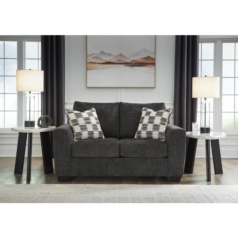 Causeuse en tissu noir ébène avec coussins - Loreo