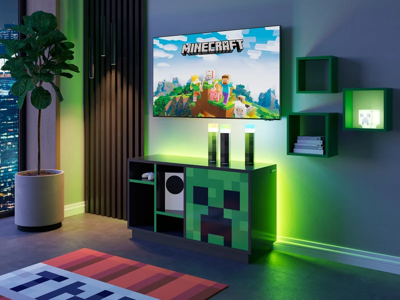 TV-Lowboard 'Minecraft' mit Tür mit Push-Open und 4 offenen Fächern - Schwarz / Grün