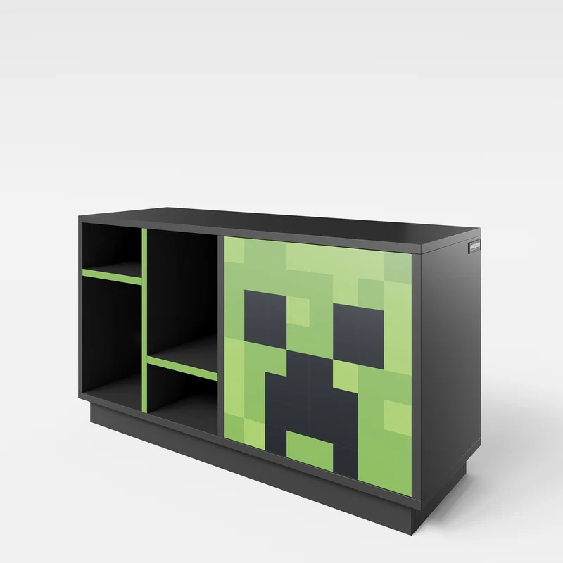 TV-Lowboard 'Minecraft' mit Tür mit Push-Open und 4 offenen Fächern - Schwarz / Grün