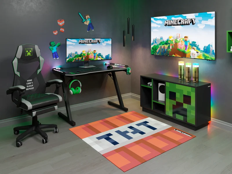 TV-Lowboard 'Minecraft' mit Tür mit Push-Open und 4 offenen Fächern - Schwarz / Grün
