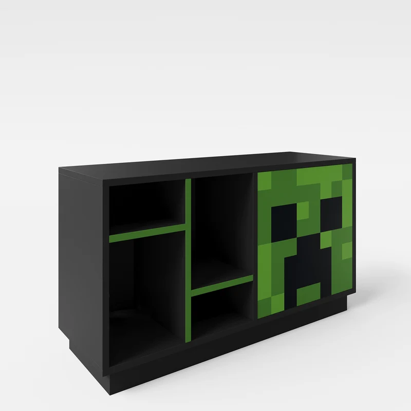 TV-Lowboard 'Minecraft' mit Tür mit Push-Open und 4 offenen Fächern - Schwarz / Grün