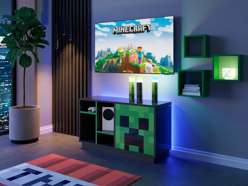 TV-Lowboard 'Minecraft' mit Tür mit Push-Open und 4 offenen Fächern - Schwarz / Grün