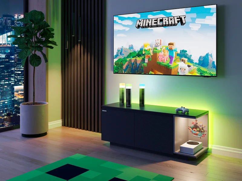 Lowboard 'Minecraft' mit 2 Türen, Kabeldurchführung - Offene Ablage für Konsole - Schwarz