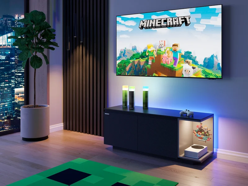 Lowboard 'Minecraft' mit 2 Türen, Kabeldurchführung - Offene Ablage für Konsole - Schwarz