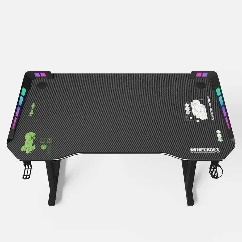 Gaming Tisch mit LED 'Minecraft' - Becher- und Headphonehalterung - Z-Fuß aus Metall