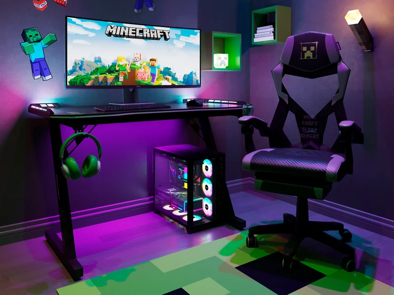 Gaming Tisch mit LED 'Minecraft' - Becher- und Headphonehalterung - Z-Fuß aus Metall