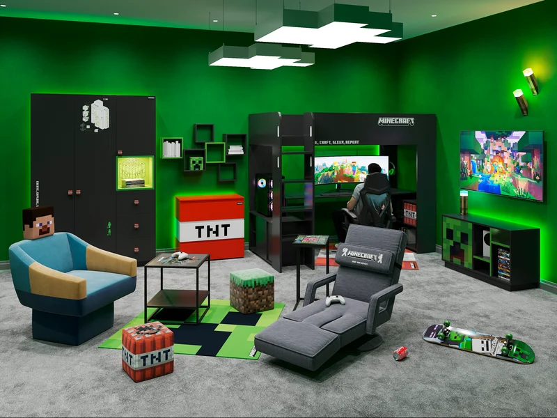 Kleiderschrank 'Minecraft' 3-türig - Carbon-Optik - Schwarz / Grün
