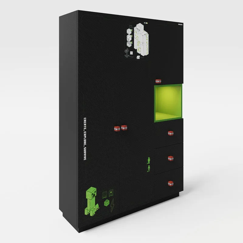 Kleiderschrank 'Minecraft' 3-türig - Carbon-Optik - Schwarz / Grün
