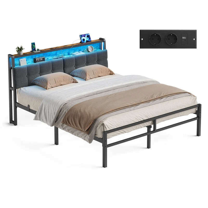 Estructura de Cama de Metal con Cabecero Tapizado