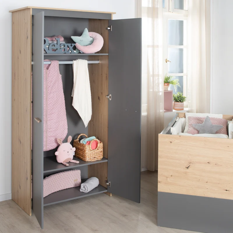 Kinderkleiderschrank 2-türig 'Anna' - Anthrazit / Dekor Kent Eiche