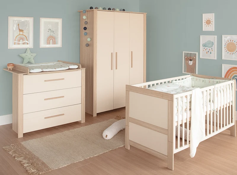 Kinderkleiderschrank 3-türig 'Momo' mit Massivholzgriffen - Cashmere / Tristan Eiche