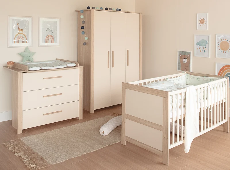 Kinderkleiderschrank 3-türig 'Momo' mit Massivholzgriffen - Cashmere / Tristan Eiche