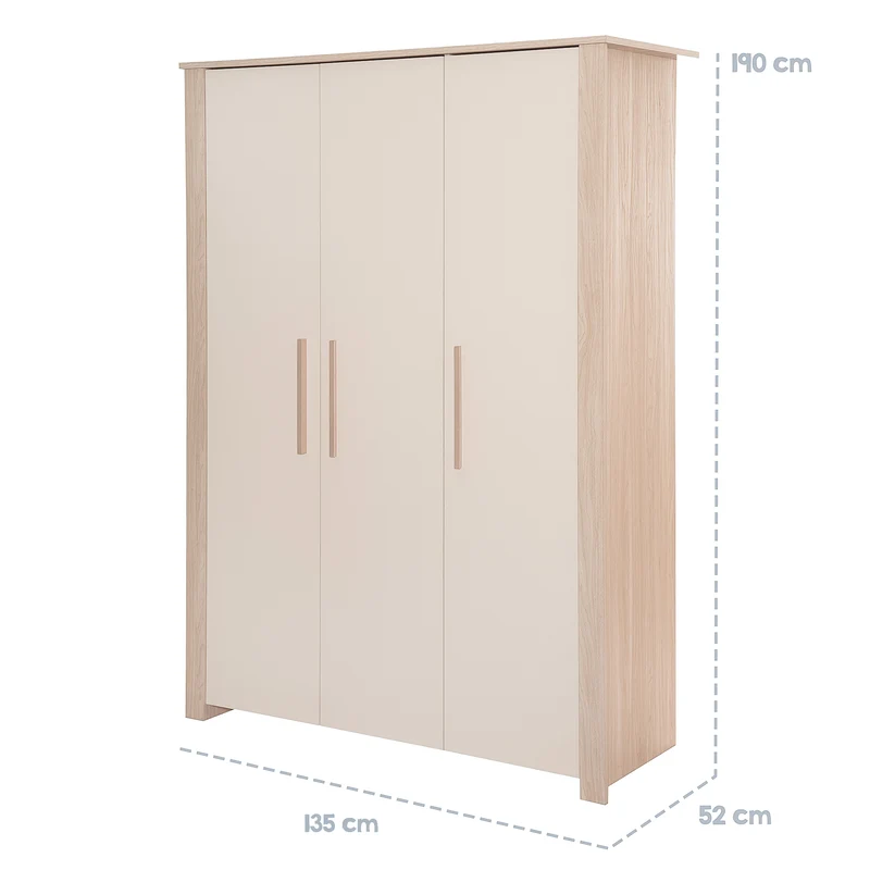 Kinderkleiderschrank 3-türig 'Momo' mit Massivholzgriffen - Cashmere / Tristan Eiche