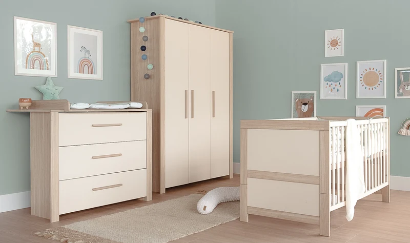 Kinderkleiderschrank 3-türig 'Momo' mit Massivholzgriffen - Cashmere / Tristan Eiche