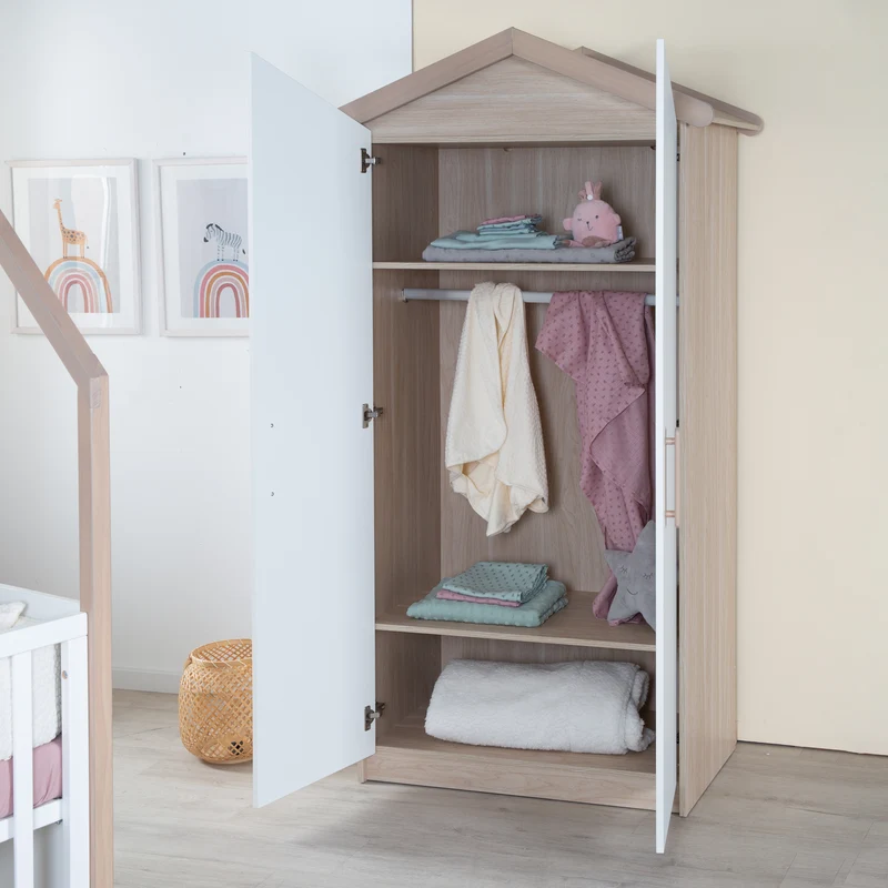 Kinderkleiderschrank 'Cabane' 2-türig in Hausoptik - Weiß / Eichen-Dekor