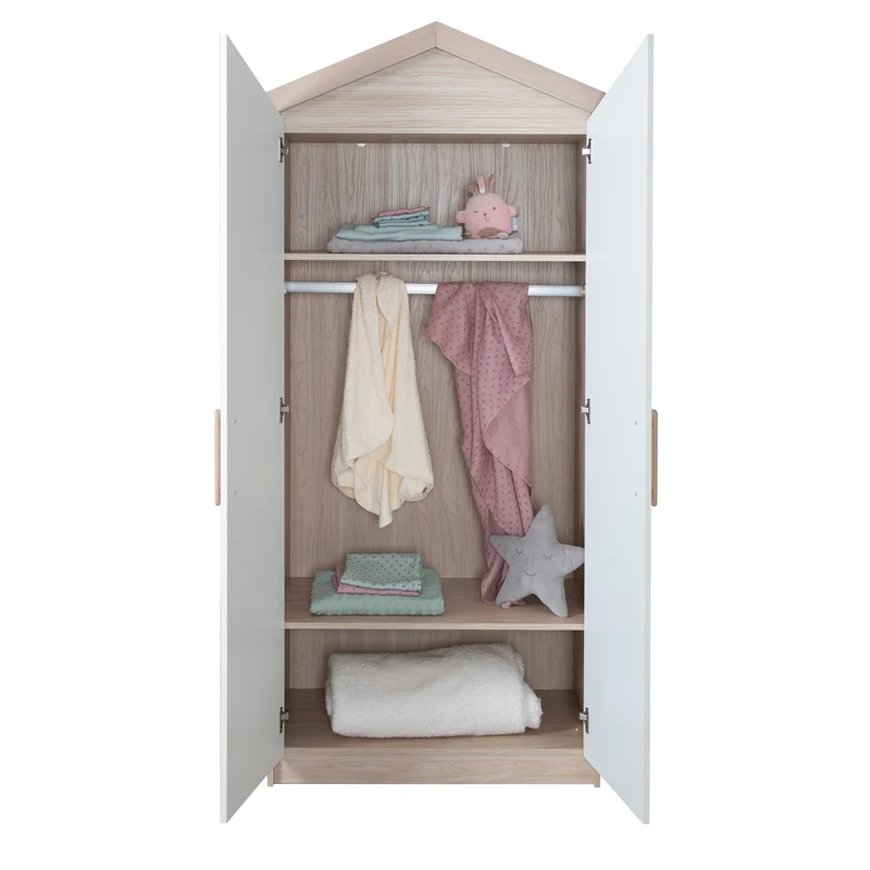 Kinderkleiderschrank 'Cabane' 2-türig in Hausoptik - Weiß / Eichen-Dekor