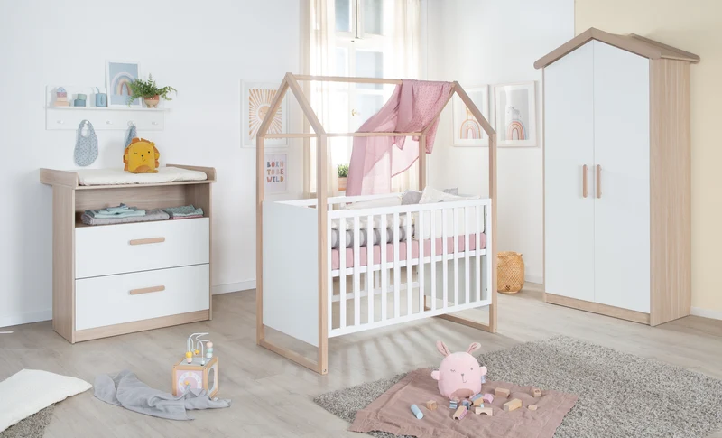 Wickelkommode 'Cabane' - Griffe aus Holz - Weiß/ Eiche