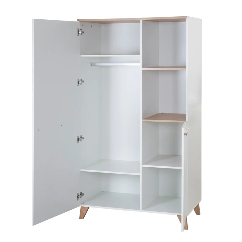 Kinderkleiderschrank 2-türig 'Leon' - Griffe + Füße aus Massivholz - Weiß / Othello Eiche