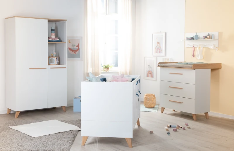 Kinderkleiderschrank 2-türig 'Leon' - Griffe + Füße aus Massivholz - Weiß / Othello Eiche