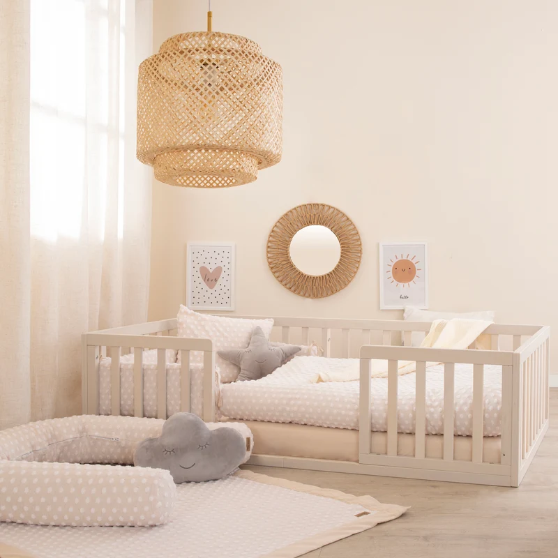 Montessori Bodenbett inkl. Lattenrost & Rausfallschutz - Stone Washed