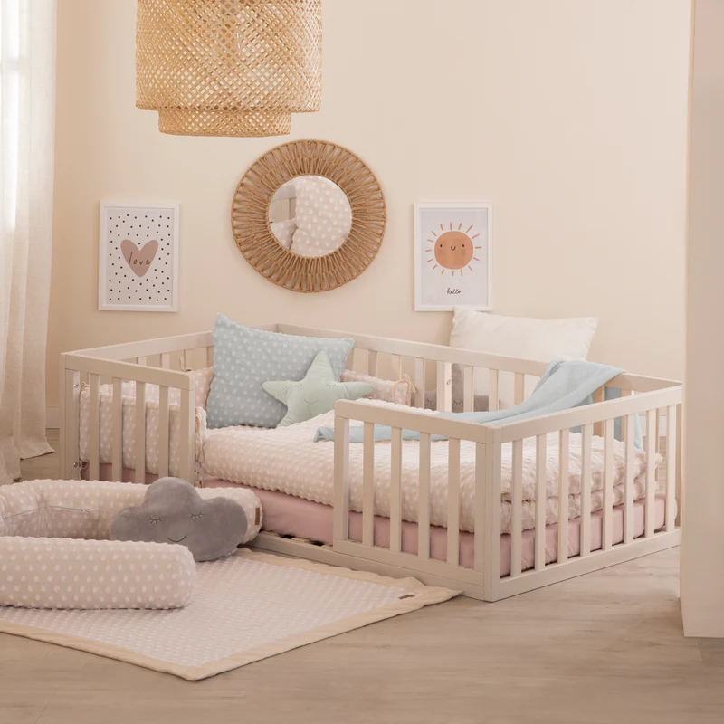 Montessori Bodenbett inkl. Lattenrost & Rausfallschutz - Stone Washed