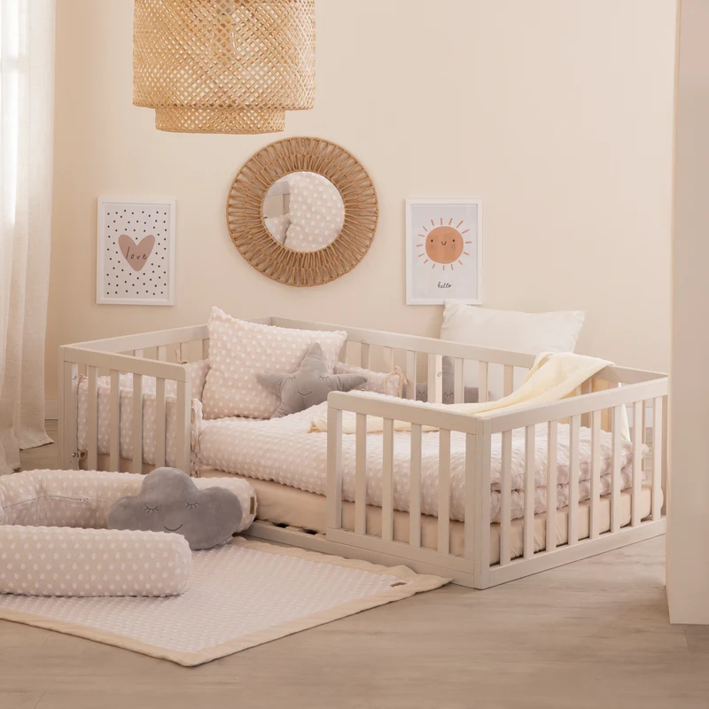 Montessori Bodenbett inkl. Lattenrost & Rausfallschutz - Stone Washed
