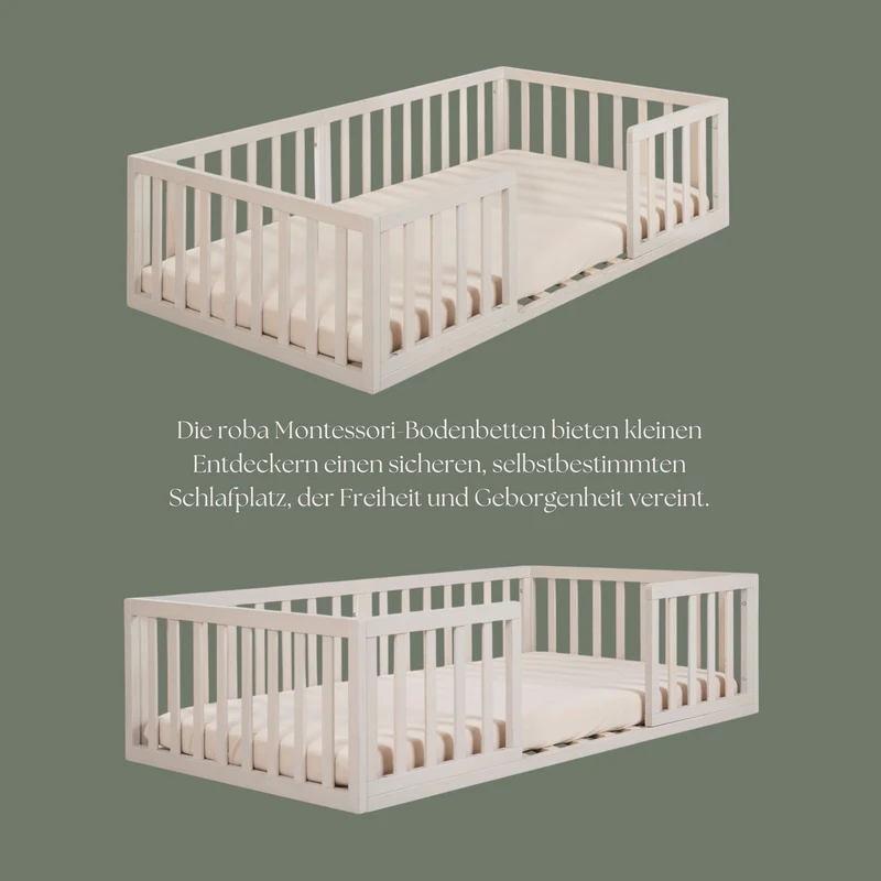 Montessori Bodenbett inkl. Lattenrost & Rausfallschutz - Stone Washed
