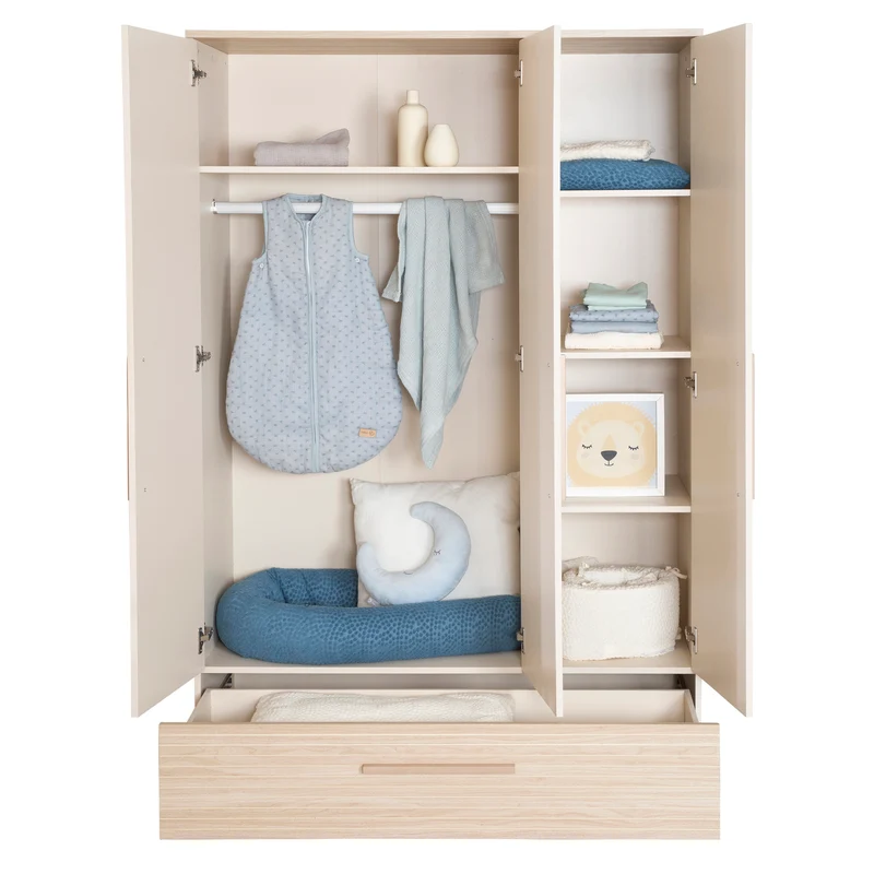 Kinderkleiderschrank 'Sidney' 3-türig - Füße und Griffe aus Massivholz - Cashmere / Dekor Eiche