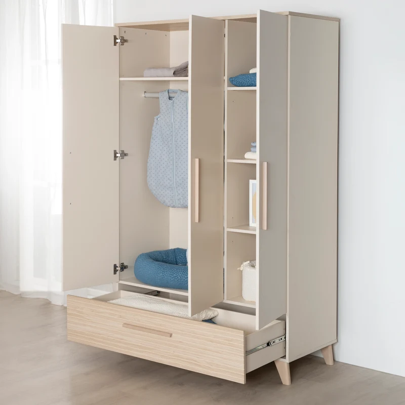 Kinderkleiderschrank 'Sidney' 3-türig - Füße und Griffe aus Massivholz - Cashmere / Dekor Eiche