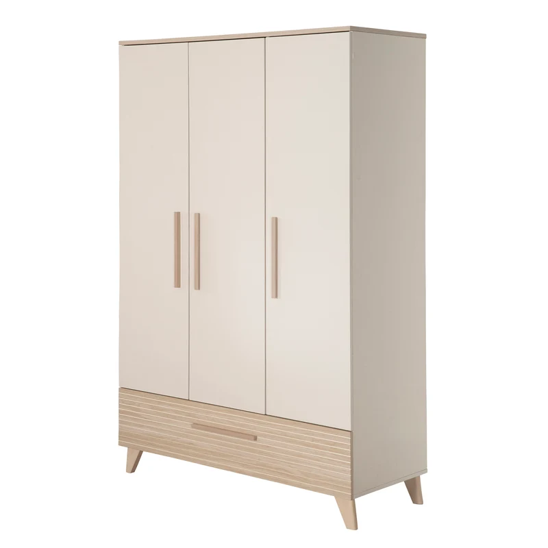 Kinderkleiderschrank 'Sidney' 3-türig - Füße und Griffe aus Massivholz - Cashmere / Dekor Eiche