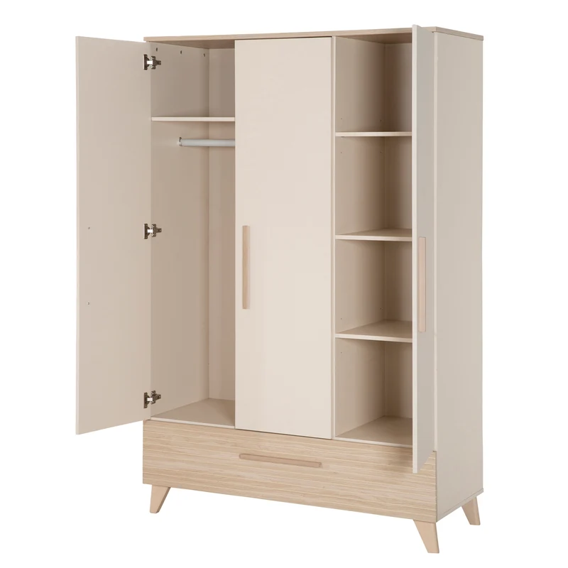 Kinderkleiderschrank 'Sidney' 3-türig - Füße und Griffe aus Massivholz - Cashmere / Dekor Eiche