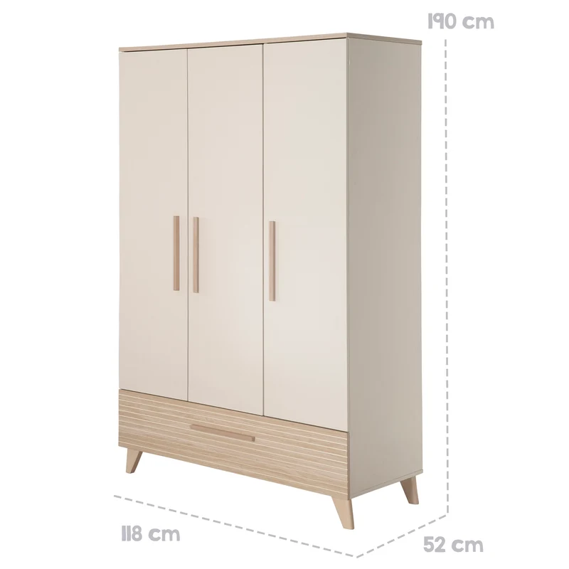 Kinderkleiderschrank 'Sidney' 3-türig - Füße und Griffe aus Massivholz - Cashmere / Dekor Eiche